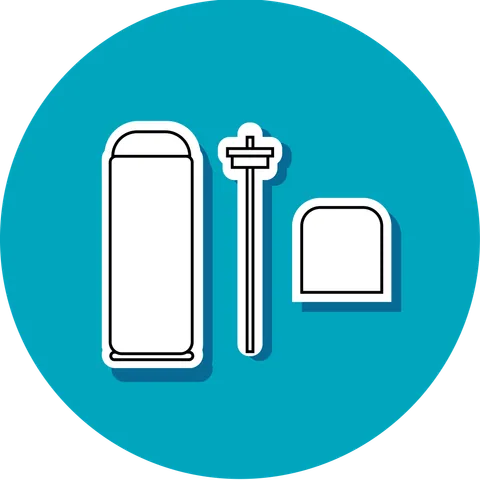 Process illustration 01: aerosol can, valve, and label icon on blue