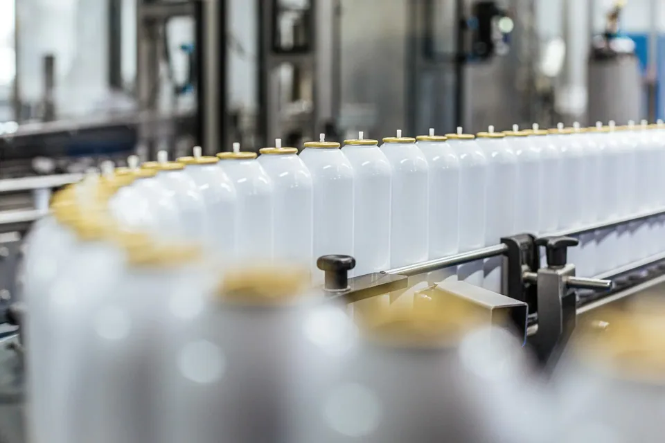 Production line with stainless-steel equipment inside the factory